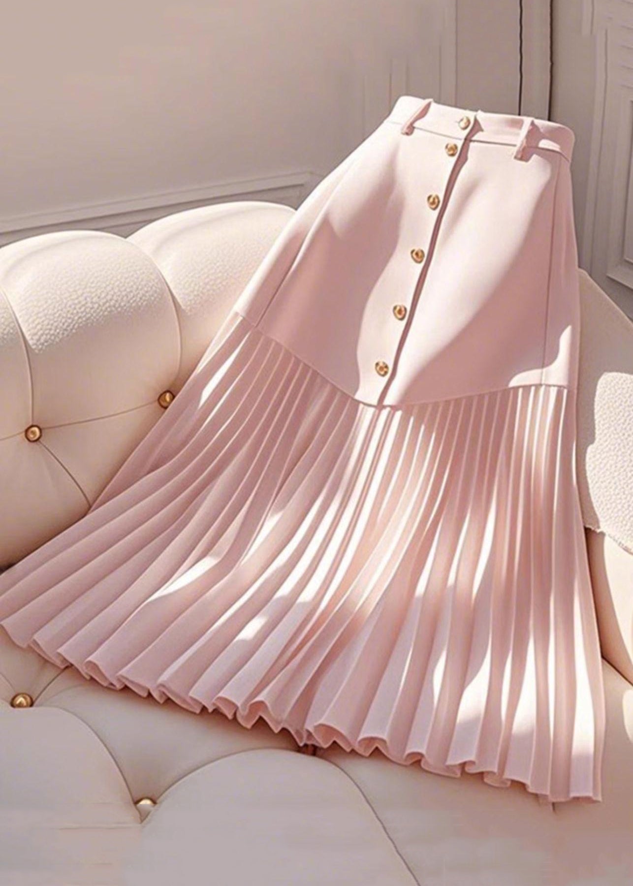 High Elegant Wrinkled Cotton Summer Skirts Pink Waist