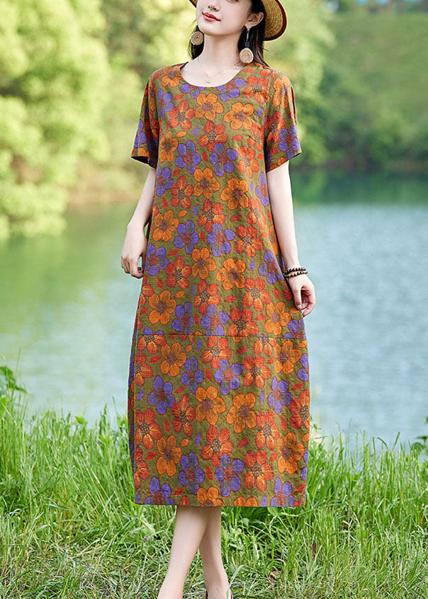 Polychrome Summer Mid Floral Elegant Linen Oversized Dress