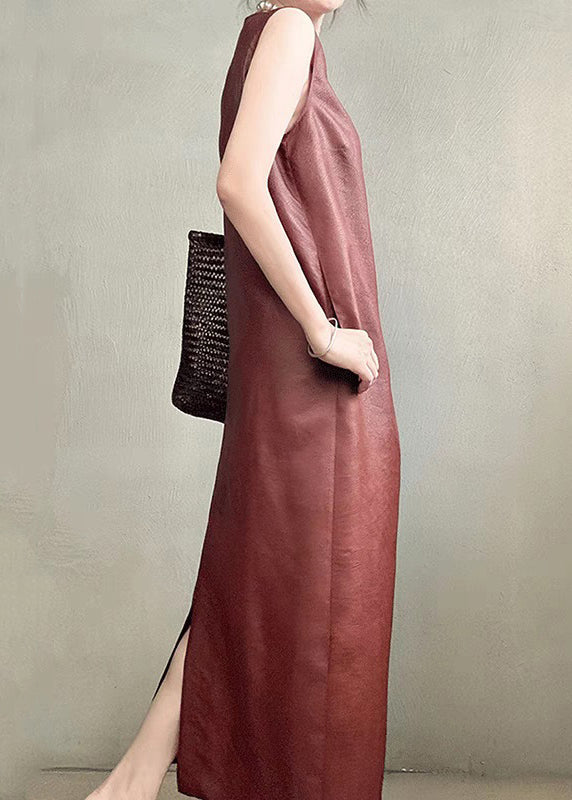 Back Pockets Elegant Side Long Sleeveless Silk Dress Open Red
