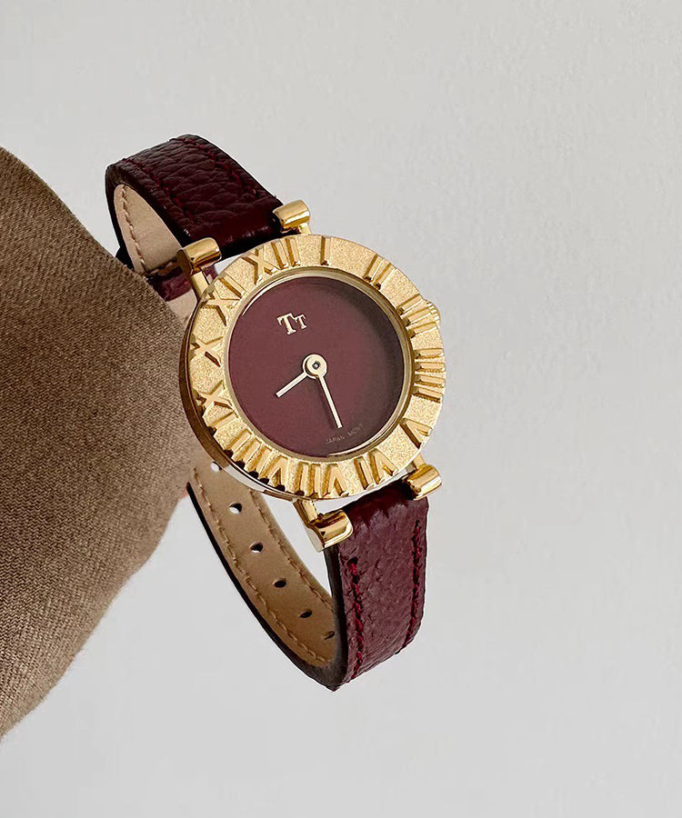 Stainless Leather Hardlex Elegant Watches Steel Crystal Red