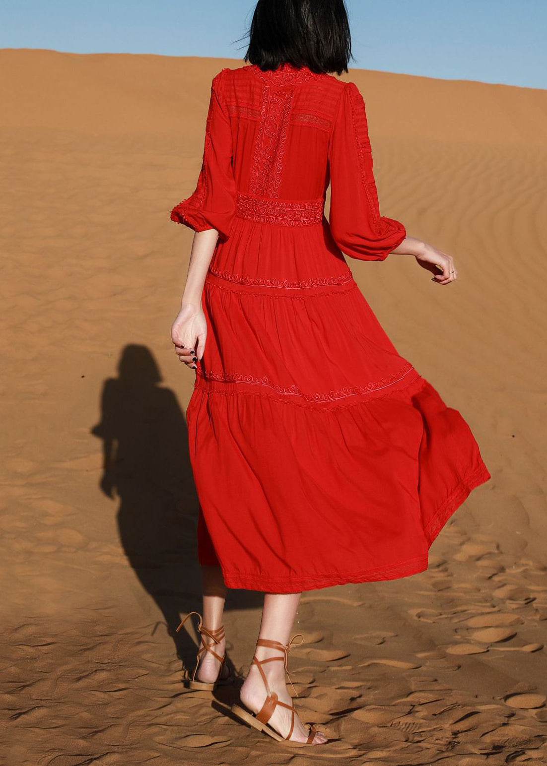 Long Dresses Neck Embroidered Solid Red Cotton V Bracelet Elegant