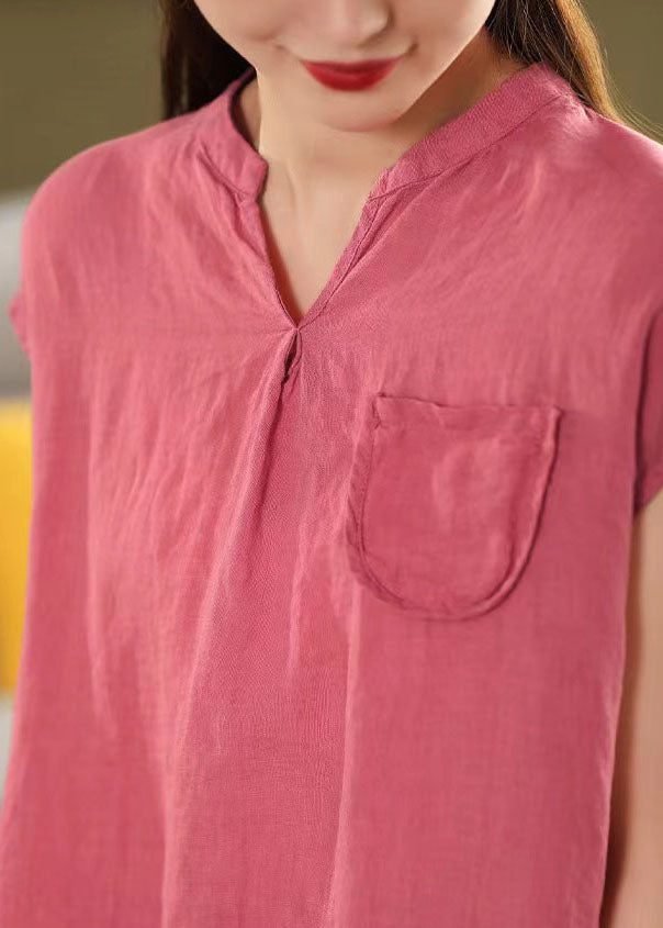 Summer V Pocket Neck Tops Elegant Rose Linen