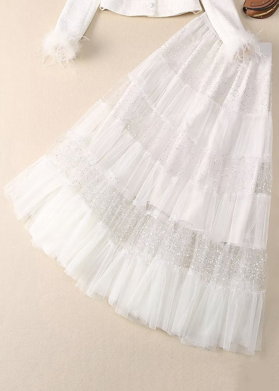 Tulle Bead Elegant Nail Two And Maxi Skirt Coats Sequins White