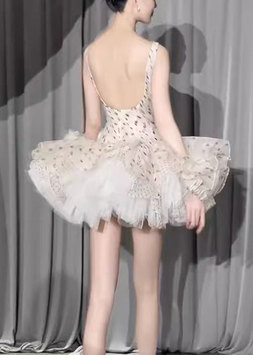 Dresses Dot White Sleeveless Square Mini Elegant Collar Chiffon