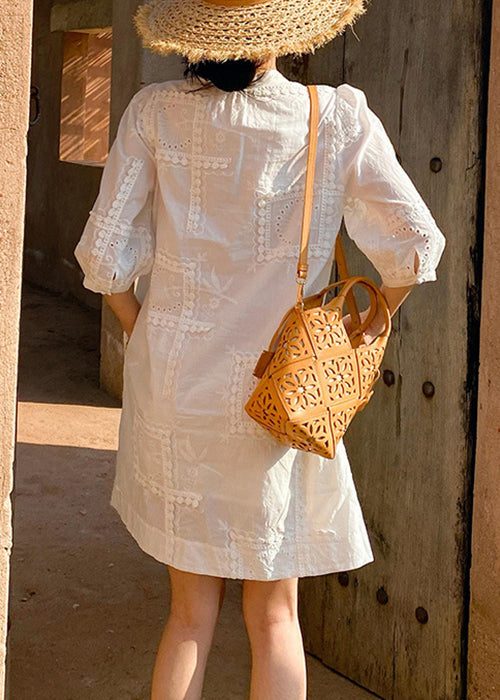 White Out Cotton V Half Hollow Sleeve Dress Pockets Neck Elegant