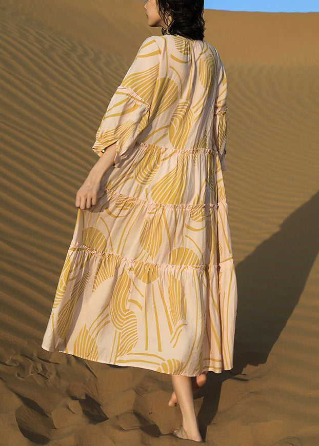 Lace Cotton Long Ruffled Yellow Up Elegant Print Dresses Half