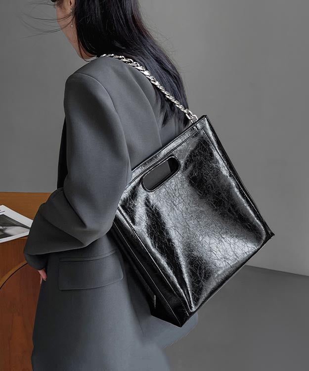 Chain Large Linked Capacity Calf Fashion Leather Black Shoulder