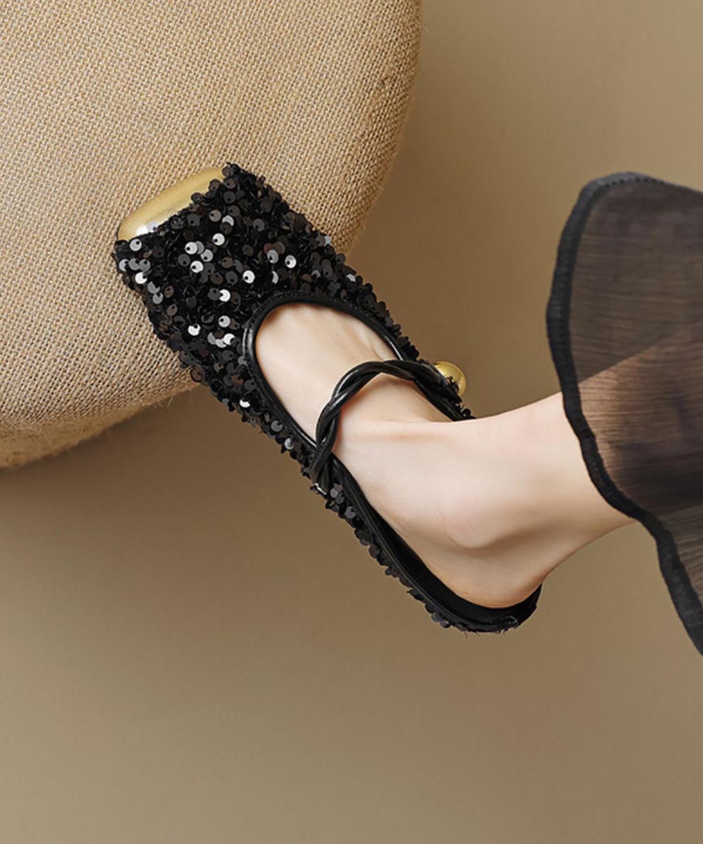 Strap Splicing Sandals Black Fashion Sequins Buckle Slide