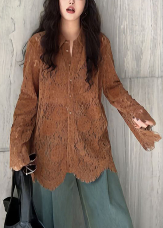 Fashion Coffee Peter Pan Collar Lace Shirts Top Flare Sleeve YZ028