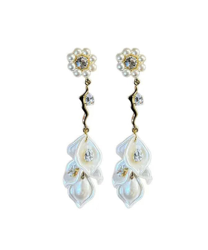 Fashion Zircon Pearl Alloy Gold Drop Earrings Floral Tassel
