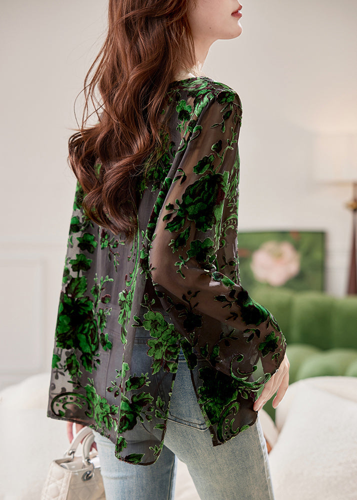 Chiffon Shirts Spring Fashion Green O-Neck Floral