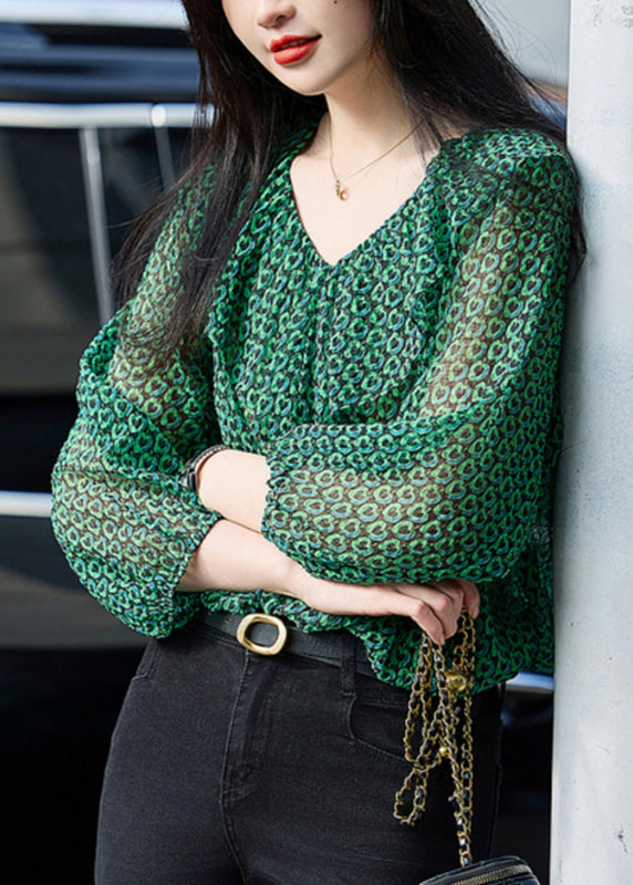 Mode Grün Rüschen Print Chiffon Top Armband Ärmel WW017