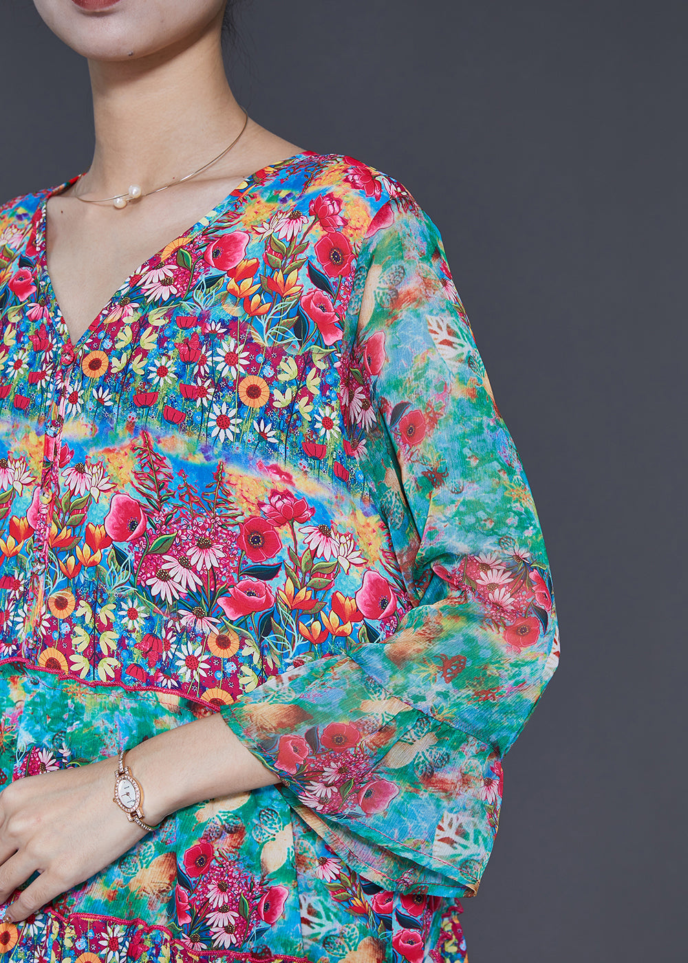 Fashion Green V Neck Print Silk Holiday Dress Summer SD1074