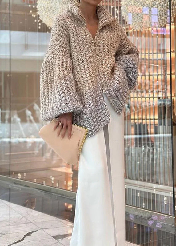 Fashion Light Camel Zip Up Sequins Knit Cardigan Spring YY019