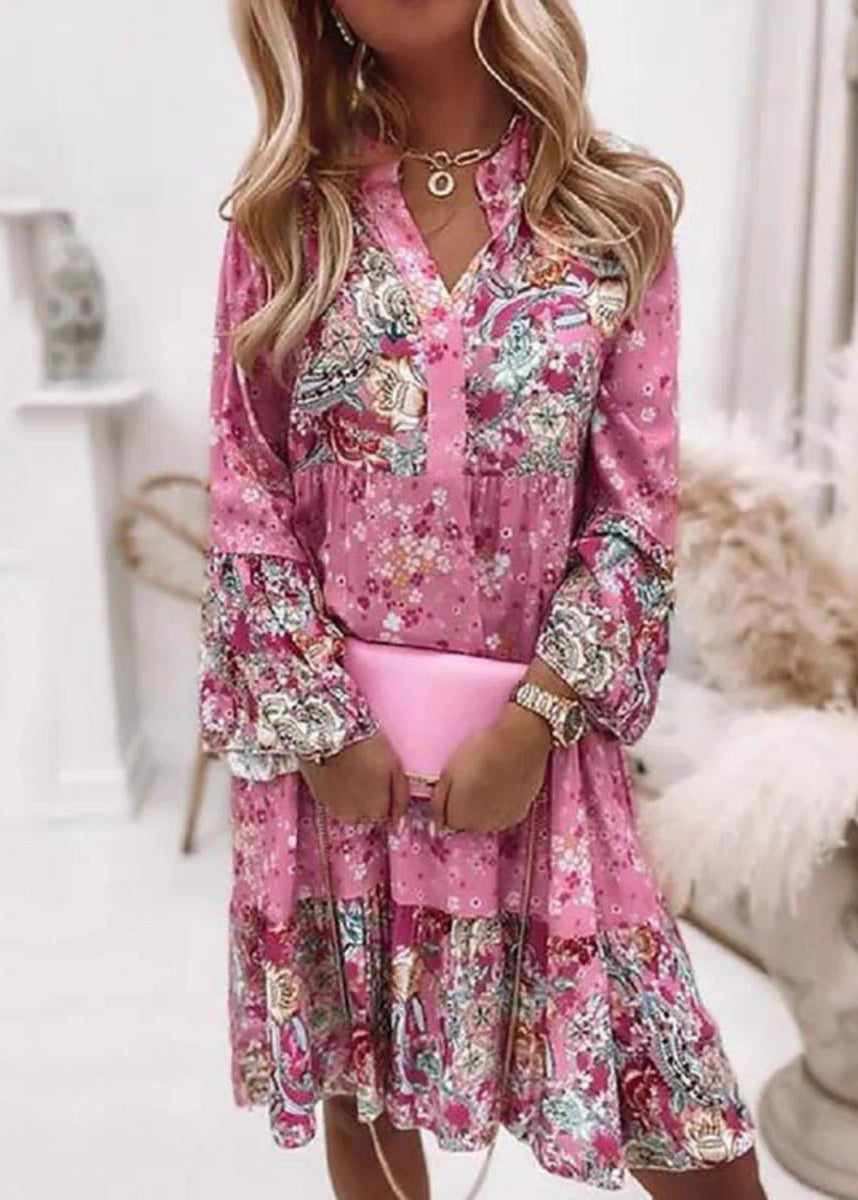 Pink V Mid Fashion Print Wrinkled Dresses Fall Neck