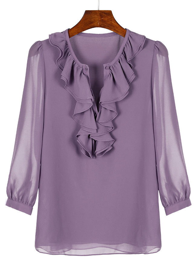 Purple Chiffon Bracelet Solid Ruffled Fashion Sleeve Shirt