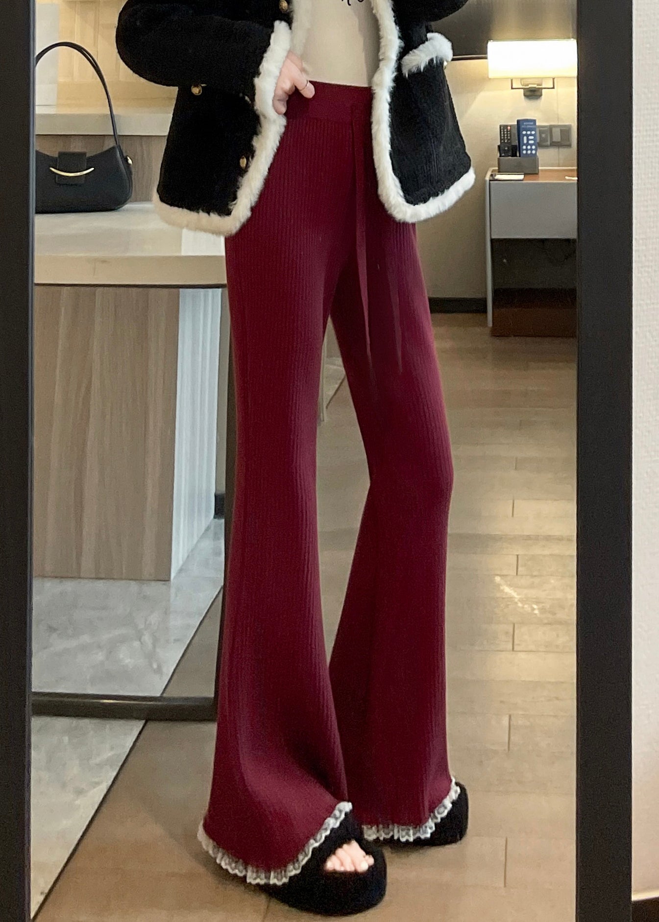 Fashion Red Drawstring Lace Patchwork Knit Flared Trousers Spring TN028