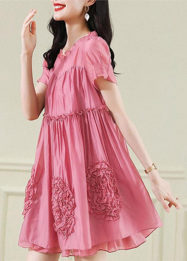 Short Fashion Floral Sleev Chiffon Red Mid Ruffled Dresses