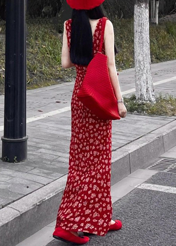 V Neck Dress Print Sleeveless Maxi Red Fashion