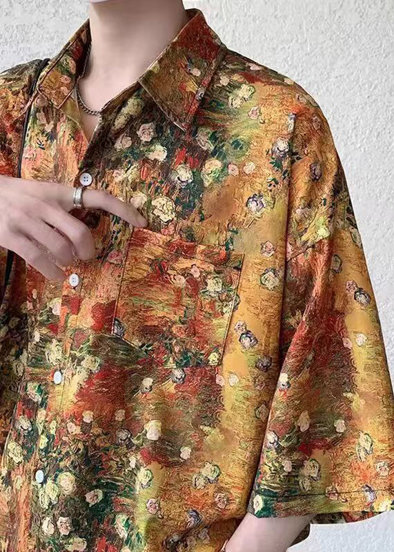 Fashion Yellow Peter Pan Collar Paintings Tour Shirts Mens Summer G174