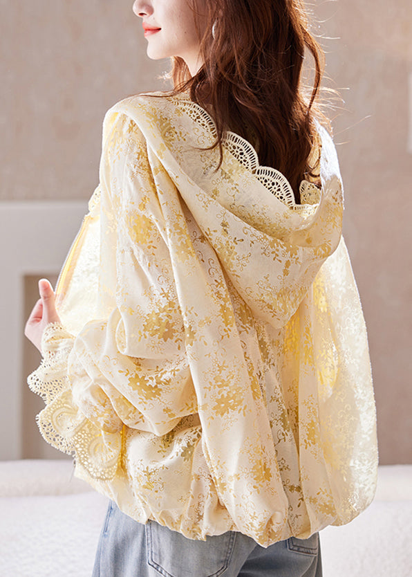 Yellow Fashion Batwing Up Hoodie Lace Coat Sleeve Zip