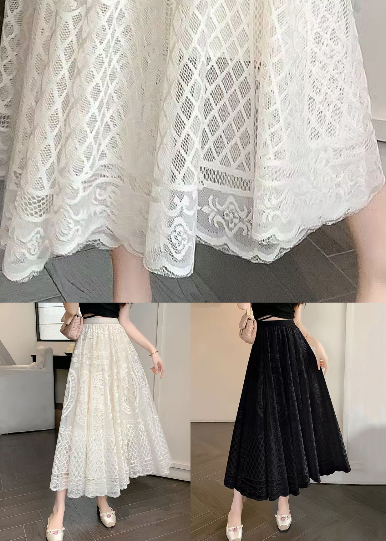 Embroidered Skirt Elastic Lace Summer Fine Waist Apricot