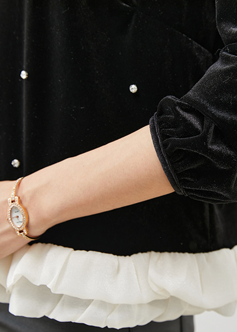 Feine schwarze Rüschen Patchwork Nagel Perlen Velour Bluse Tops Frühling YU1055