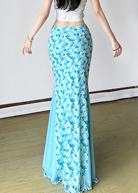 Blue Tulle Summer Waist High Patchwork Fine Skirt Maxi