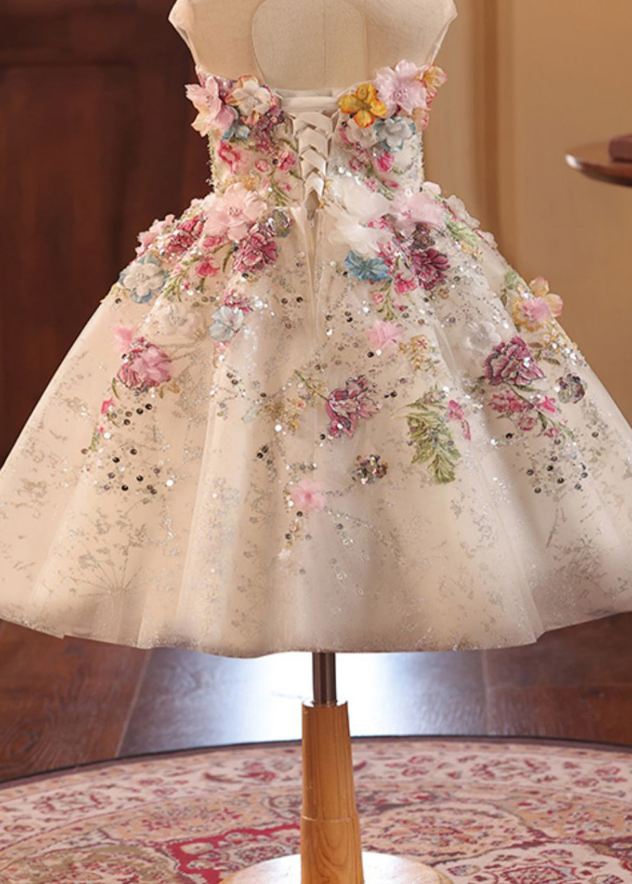 Fine Floral Sequins Patchwork Tulle Kids Maxi Dresses Summer YG021