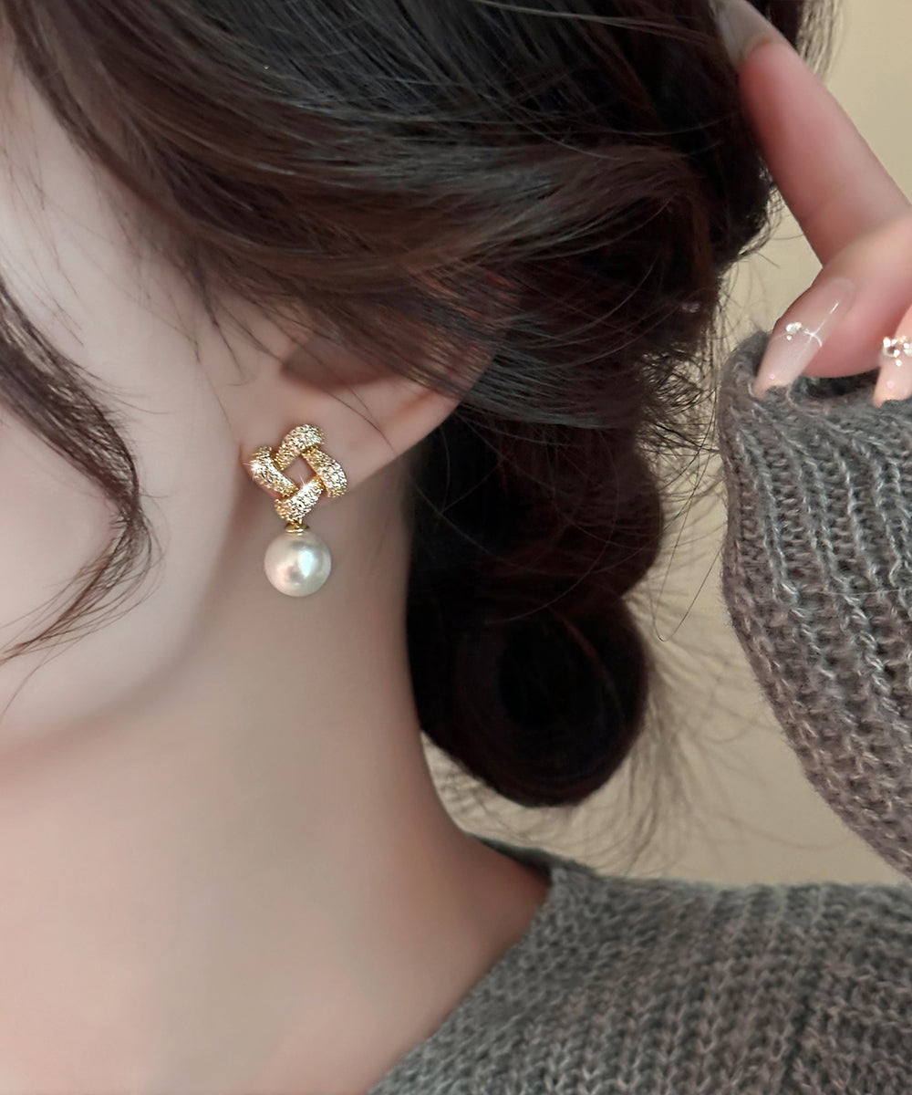 Fine Gold Copper Overgild Zircon Square Pearl Drop Earrings YX014