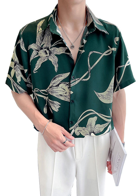 Feine grüne Peter Pan Kragen Druck lose Männer Hawaiian Shirts Sommer HG031