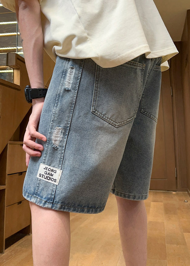 Fine Light Blue Hole Lace Up Elastic Waist Denim Mens Shorts Summer YL027