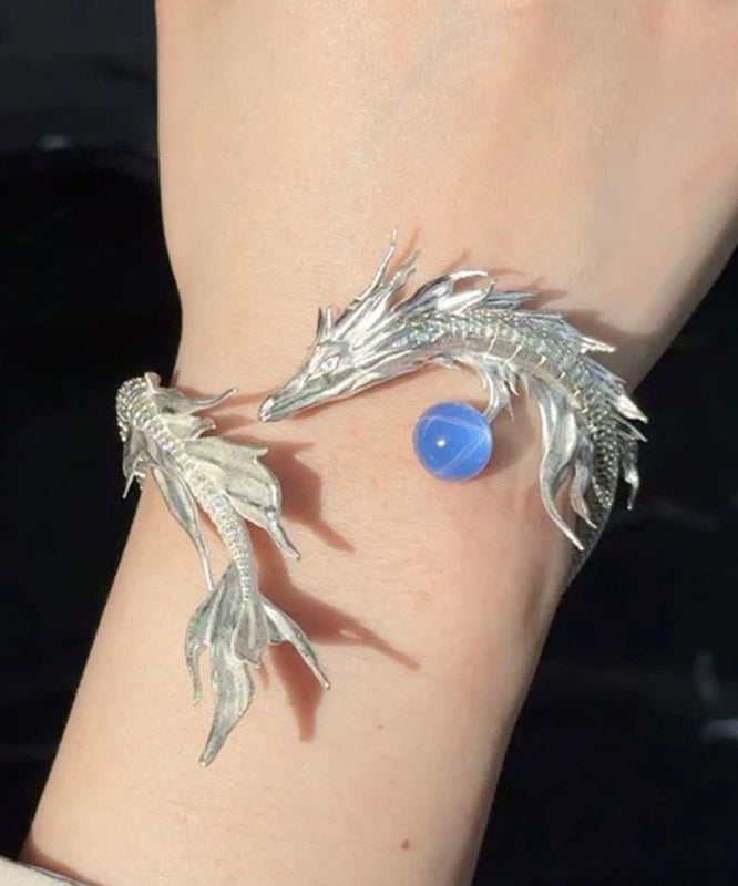 Silk Stone Fine Gem Cuff Shaped Sterling Dragon Silver