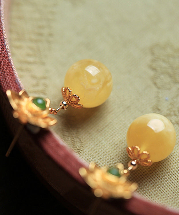 Fine Yellow Sterling Silver Overgild Beeswax Amber Crystal Floral Drop Earrings G149