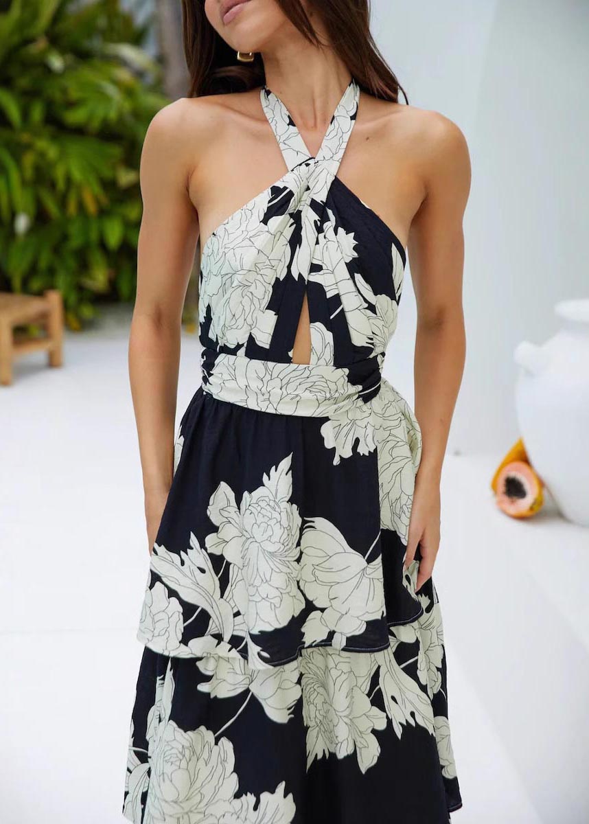 Black Backless Dresses Summer Print Fitted Vacation
