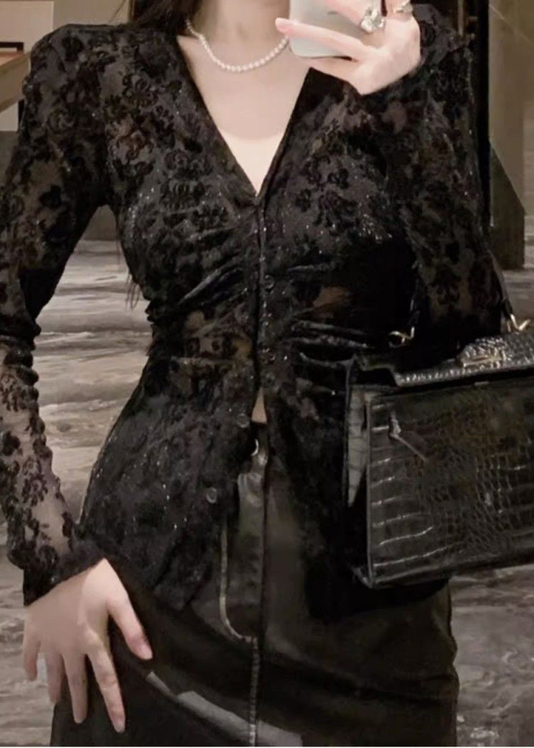 Neck Top Fitted Black Lace Flocking V Spring
