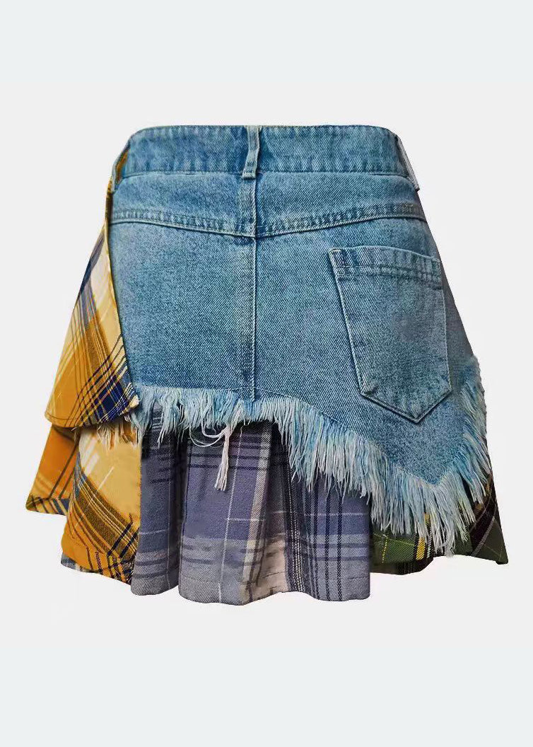 Patchwork Denim Blue Skirts Fitted Asymmetrical Summer