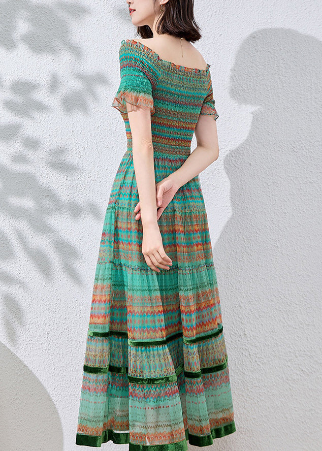 Print Ruffled Fitted Cotton Dresses Blue Patchwork Summer