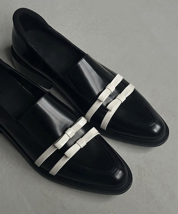 Bow Pointed Fitted Black Chunky Cowhide Leather Splicing Toe