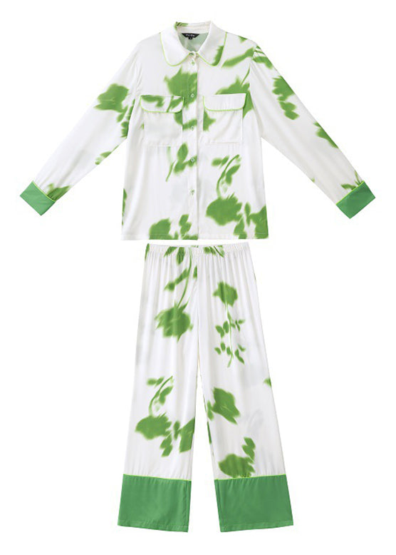 Tailliertes grünes Peter-Pan-Kragen-Druckknopf-Eisseide-Zweiteiler-Set Frühling XS1008