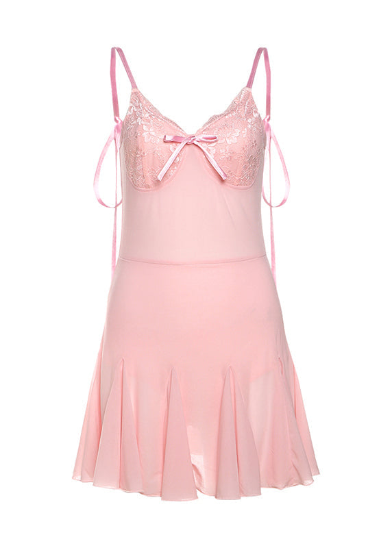 Backless Fitted Mini Lace Patchwork Summer Up Dresses Pink Tulle