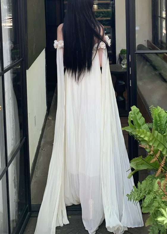 Beige Solid Summer Dresses Slash Chiffon Floral Neck Maxi