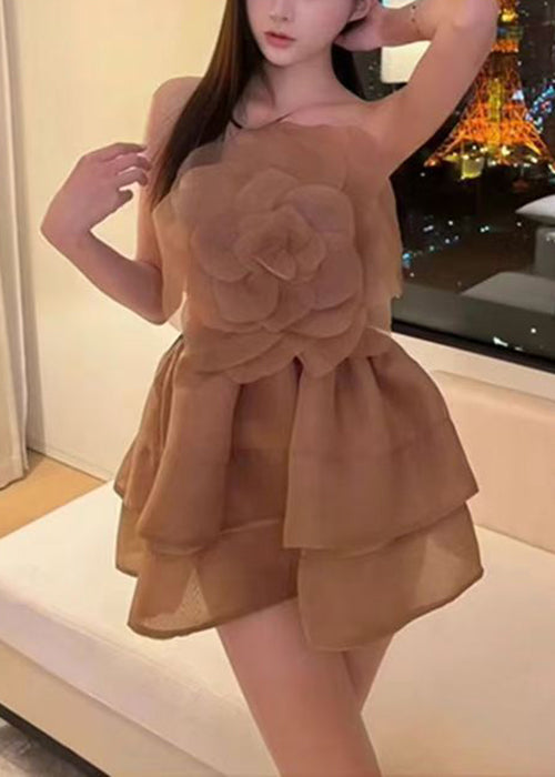 Sleeveless Floral Solid Shoulder Mini Cold Dresses Coffee