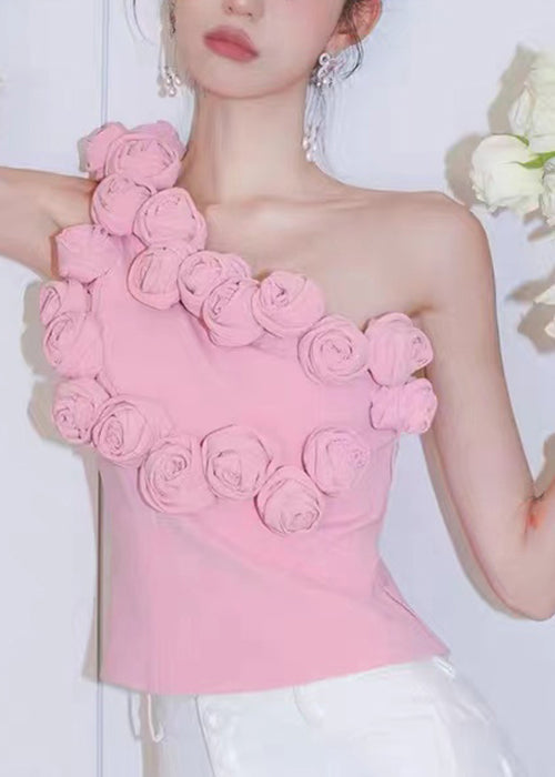 Floral Pink One-Shoulder Solid Cotton Tank Sleeveless KK088