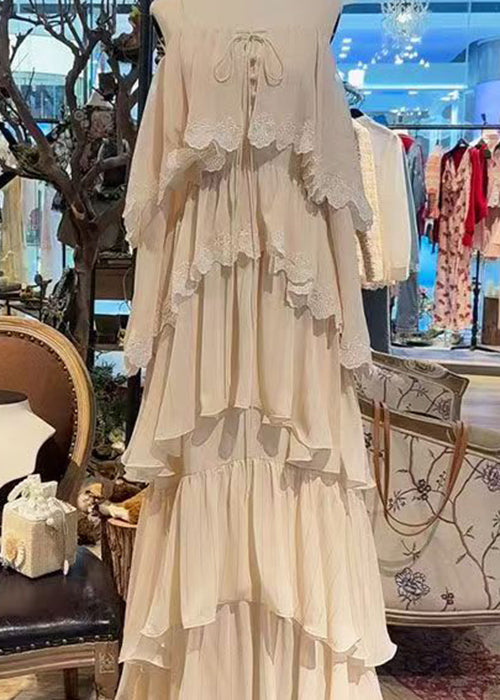 Lace French Beige Up Sleeveless Spaghetti Strap Dress