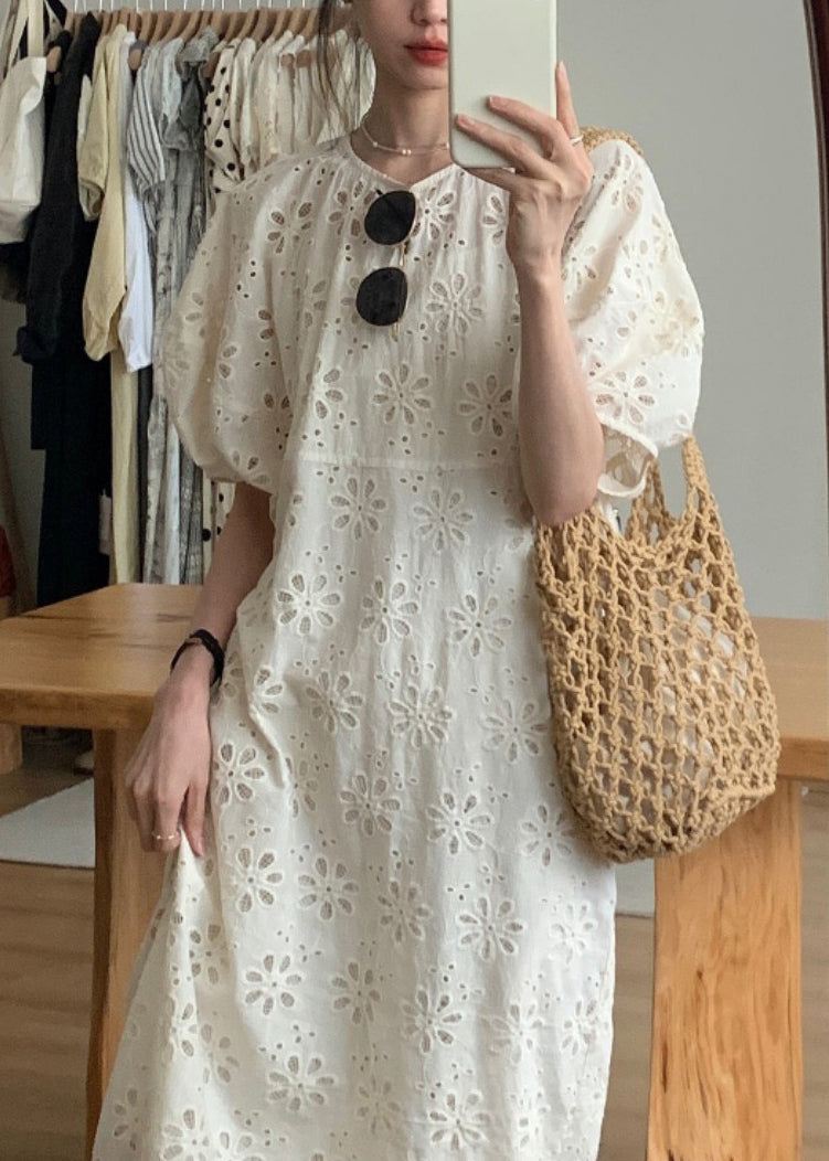 O-Neck French Sleeve Beige Puff Dress Out Hollow Cotton
