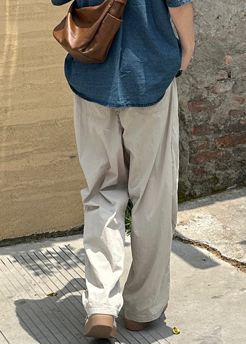 Cotton Pockets Beige Elastic French Solid Summer Pants Waist Mens