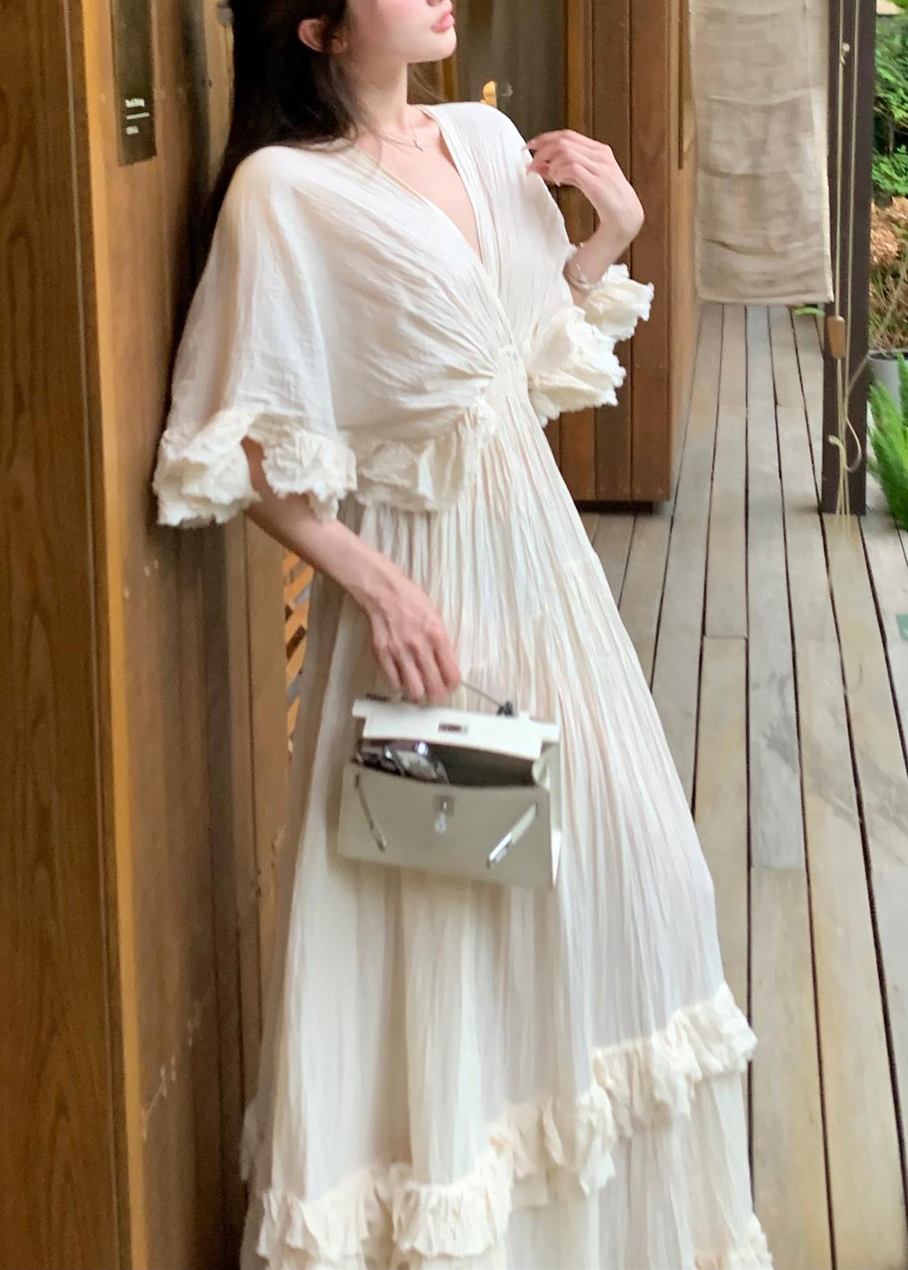 French Patchwork Long Summer Ruffled Beige Cotton Dresses