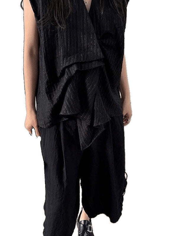 Striped Black Sleeveless Tanks Asymmetrical French Cotton