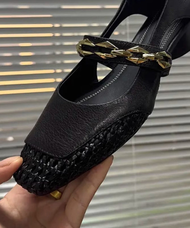 Black Square Out Breathable Hollow Woven French Toe Chunky